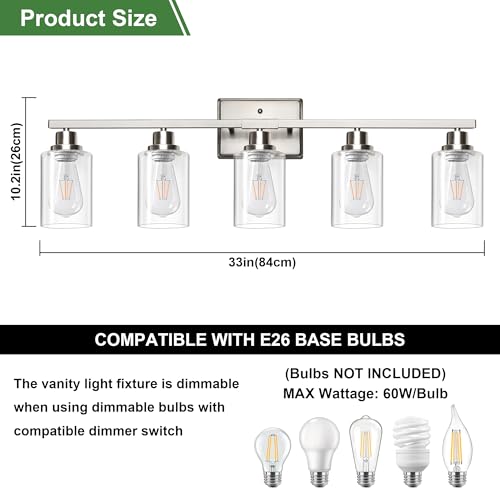 Image of Ascher Bathroom Light Fixtures, 5-Light Vanity Lights with Clear Glass Shade, Modern Brushed Nickel Wall Light for Mirror Bedroom Hallway Cabinet Porch