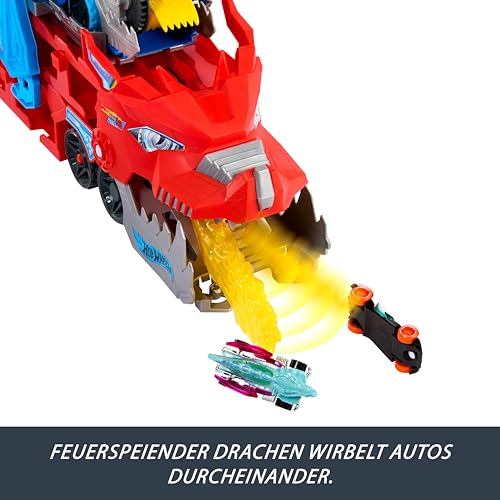Hot Wheels City Spielzeugauto-Trackset, ultimativer 2-in-1 Drachentransporter und 2 Die-Cast-Autos, großer Drache und Abnehmbarer Drache, mit Platz für mehr als 20 Fahrzeuge, JKJ79