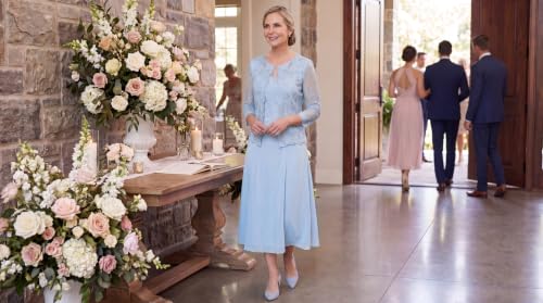 Image of Alex Evenings Women's Tea Length Embroidered Bodice Mother of The Bride Gown, Wedding Guest Dress
