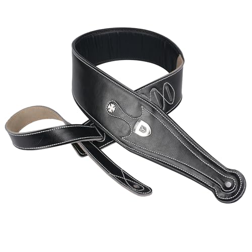 YUEKO Bequemer Leder-Gitarrengurt für E-, Akustik- und Bassgitarren, Schwarz