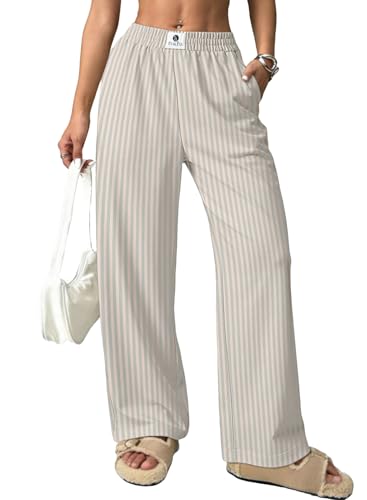 EVALESS Pants for Women 2026 Summer High Waist Wide Leg Striped Lounge Pants Patched Y2K Casual Trousers Lightweight Comfy PJ Bottoms Vacation Outfits with Pockets White Stripe X-Large