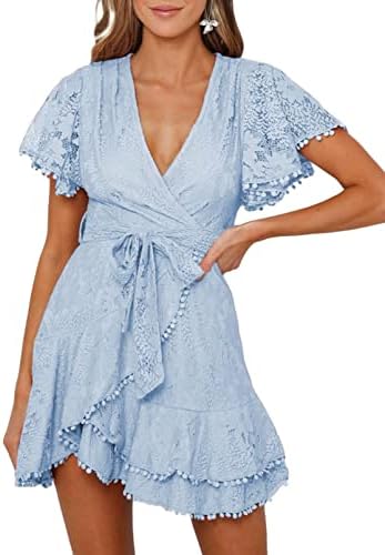 Itsmode Wrap V Neck Floral Lace Mini Dress for Women Short Sleeve Embroidered A-Line Dresses Casual High Waist Summer Short Dress Sky Blue M