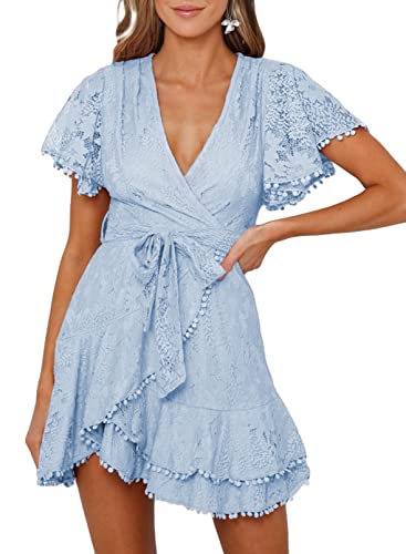 Itsmode Wrap V Neck Floral Lace Mini Dress For Women Short Sleeve Embroidered A-Line Dresses Casual High Waist Summer Short Dress Sky Blue M #TOP1