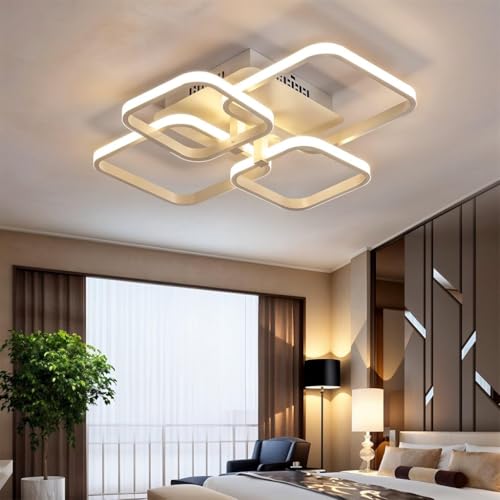 Image of LED Ceiling Light with Remote Control, White Acrylic Modern 3-Color Ceiling Light Flush Mount for Living Room, Bedroom, 58x45x12cm