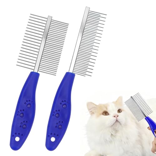 Lot de 2 peignes pour chien et chat - Dents arrondies en métal double face + peigne à dents longues et courtes unilatérales - En acier inoxydable - Pour...