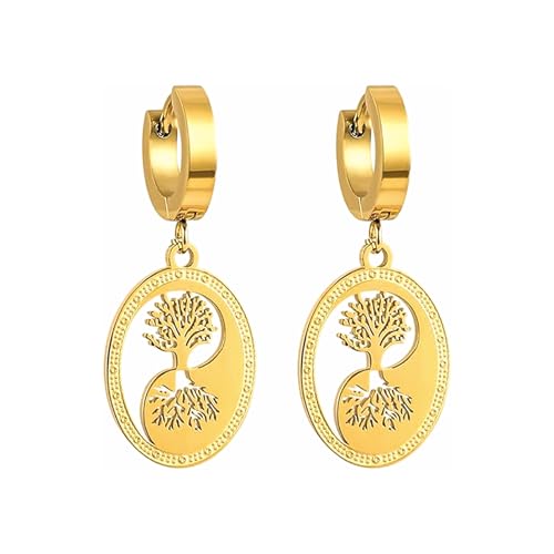 Tree Of Life Gold Huggie Dangle Earrings For Women 14K Treelife Oval Drop Statement Earrings Dainty Earrings Jewelry gift.