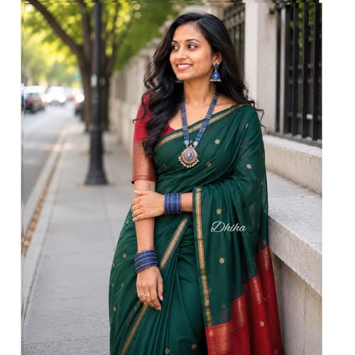 Image of Original Maheswari Cotton Silk Saree for Women | Kanjivaram Pure Silk Cotton Sari with Blouse | Zari Work | Tassels | Handloom Weave