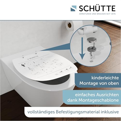 SCHÜTTE D-Form WC-Sitz mit Absenkautomatik, Abnehmbarer Klodeckel aus bruchsicherem Duroplast, DIY Montage mit Schablone, Toilettendeckel und Brille bis 200 kg belastbar, Weiß