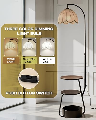 Image of WEIRD WOLF 3 Shelf Floor Lamp for Living Room with Side Table | 3 Color Dimmable LED | 160-170cm Adjustable Height | Storage Basket | Arc Design | Living Room & Bedroom Decor