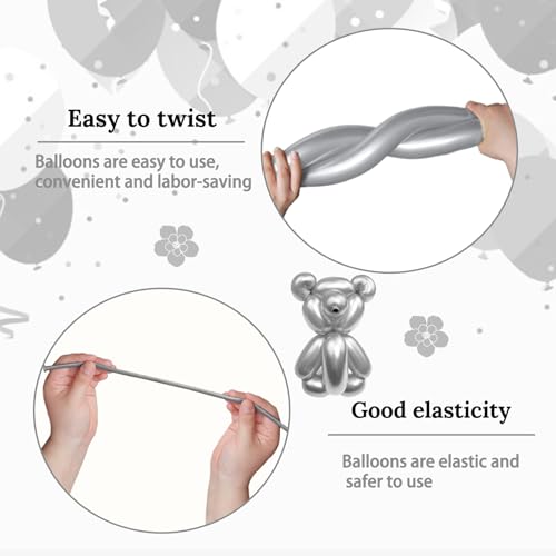 Image of 260 Metallic Silver Long Balloons for Balloon Garland Thickening Skinny Latex Twisting Animals Modeling Christmas Birthday Wedding Party Festival Decorations 100pcs