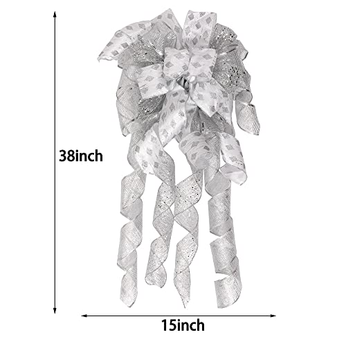 Christmas Tree Topper Wreath Bow Long Tails 40X13 Inch Silver Bows Decorative Large Colorful Wired Edge Xmas Supplies Bows Wall Ornaments For Home Decor (Silver) #TOP1