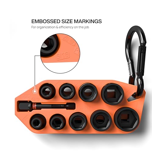 Image of Klein Tools 33809 Grab-And-Go Impact Socket Set, SAE, 10-Piece Set with Sleeve, Carabiner, and 3 /8-Inch Drive, Color-Coded 1 /4, 5 /16, 3 /8, 7 /16, 1 /2, 9 /16, 5 /8, 11 /16, and 3 /4-Inch Sockets