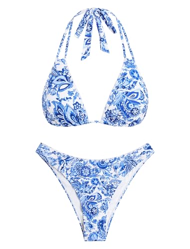 Image of ZAFUL Women Halter Dual Straps Whip Stitch Floral Triangle Bikini Swimsuits | Color Block Whip Stitches Trim, Halter Dual Shoulder Straps, Popular Floral Print, Cheeky Bikini Bottom, Tie Back