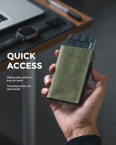 Image of VULKIT Minimalist Card Holder Wallet Premium Pull-Up Leather Pop Up Cards RFID Protection Holds Up to 10 Cards, Magnetic Closure