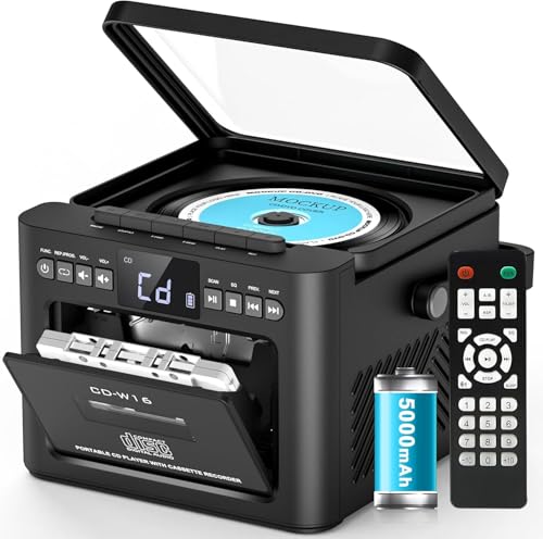 Greadio CD Player Tragbar, Boombox Kassettenspieler mit UKW Radio, Bluetooth 5.1, 5000mAh wiederaufladbare Akku, Fernbedienung, AUX/USB/SD Karte-In, 5W Lautsprecher, LED Bildschirm (Schwarz) Greadio CD Player Tragbar, Boombox Kassettenspieler mit UKW Radio, Bluetooth 5.1, 5000mAh wiederaufladbare Akku, Fernbedienung, AUX/USB/SD Karte-In, 5W Lautsprecher, LED Bildschirm (Schwarz)