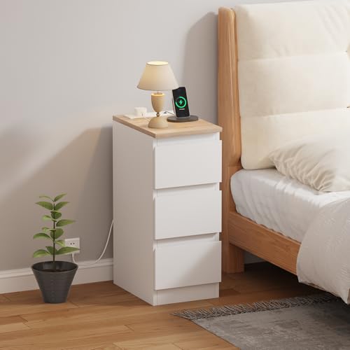 Pantanal 25CM Slim Bedside Table Nightstand Cabinet 3 Drawers Side Table with Charging Station 2 USB Ports & 2 Power Sockets for Bedroom Living Room Small Narrow Space (1, Matte White+Oak)