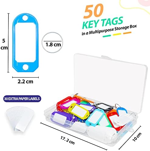 Belgovia 50 Pack Key Tags with Labels - 10 Colours, Premium Plastic Box with 30 Extra Paper Labels, Key Rings & Key Fobs with Split Rings for Keys, Luggage & Office