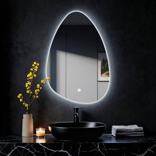 MYGIIVOVO Specchio da parete rotondo per bagno, con illuminazione, specchio con luce LED, interruttore touch e 3 colori dimmerabili (gocce d'acqua, 60 L x 40 cm)