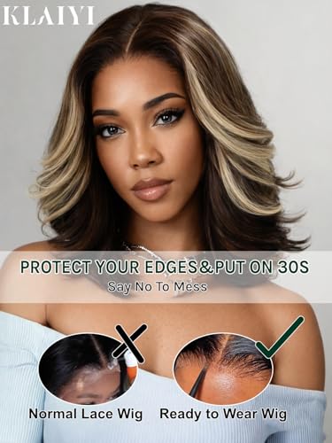 Image of KLAIYI Bye Bye Slip Highlight Blonde Bob Loose Wave Pre Everything 13x4HD Lace Front Wigs Human Hair Ombre Brown Layered Blowout Glueless Drawstring Pre Plucked Bleached Knots Face Framing Wig 12Inch