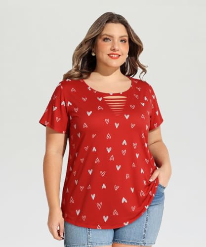 Image of CARCOS Plus Size Tops for Women Short Sleeve Shirts Basic Tee Solid Color Blouse V Neck Tunic Loose Fit Tshirts Summer XL-5XL