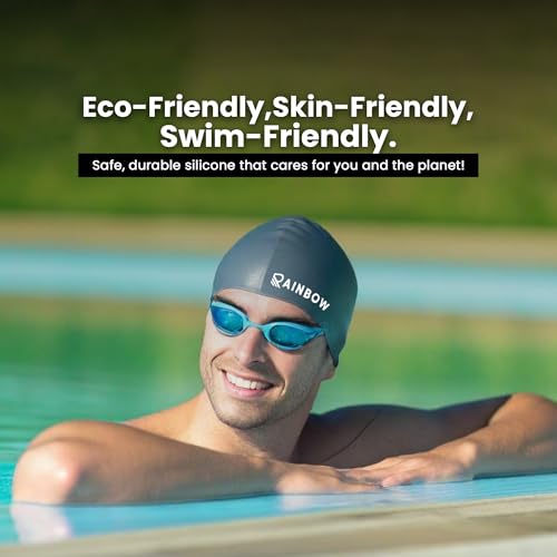 Image of Rainbow Silicone Swimming Cap for Men, Women & Kids | Stretchable Swim Cap for Long & Short Hair | Durable, Waterproof & Comfortable Fit - Grey