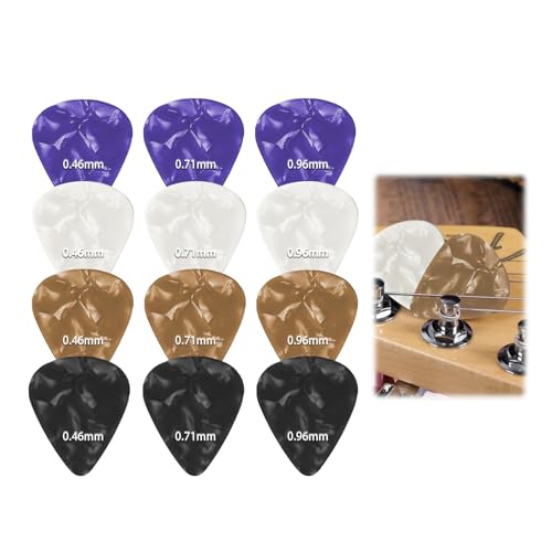12er Set Gitarren Plektrum - 3 verschiedene Stärken 0,46mm 0,71mm 0,96mm, Zelluloid Gitarren-Plektren, Plektrum Personalisiert für Akustik- und E-Gitarre – In Schwarz Weiß Kaffee Lila, Herzform
