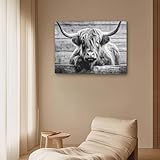 Wall Art Highland Cow Canvas Black and White Framed Pictures for Bedroom Wall Decor Rustic Farmhouse Wall Art for Living Room Hallway or Office with Pre-Mounted Frame and Hanging Hooks, 12" x 16" - Image 3