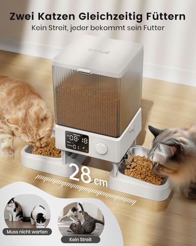 oneisall 5L Futterautomat Katze 2 Näpfe, Katzenfutter Automat mit einem Knopf, Einfache Bedienung, Futterspender für Katzen/Hunde, mit Edelstahlschüssel, Voice Recorder, weiß