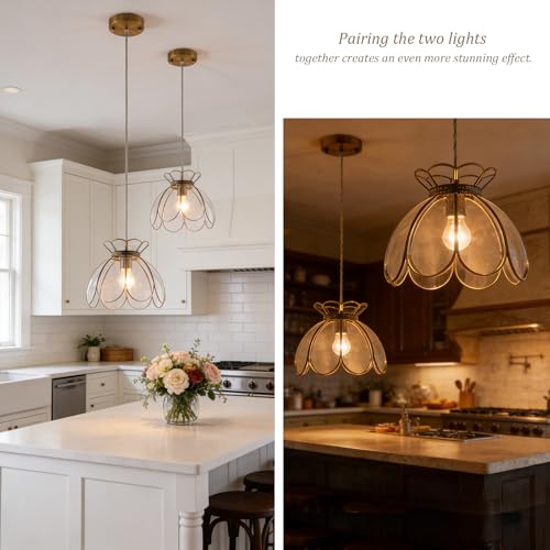 Image of Brass Glass Ceiling Pendant Light, Hanging Chain lamp, with Vintage Lotus Flower Glass Shade for Kitchen Island Dining Room Bedroom Living Room-12 Clear Large Shade