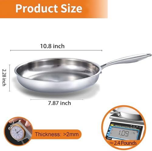 DELARLO Full Clad Tri-Ply Stainless Steel Frying Pan 10 inch, All Stove Compatible Up to 600℉, Heavy Duty, Oven Safe Skillet, 18/10 Cooking Pan, Chef's Pan for Kitchen, Omelette Pan, Flat Bottom - Thumbnail 4