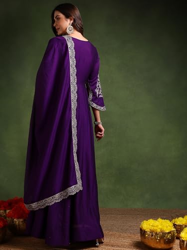 Image of Vaamsi Women's Solid Anarkali Embroidered Kurta With Dupatta