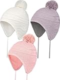 Syhood 3 Pieces Toddler Baby Kid Winter Beanie Hat Warm Thick Fleece Lined Cap Knit Hat with Earflap and Chin Straps for Girls Boys (1-5 Years)