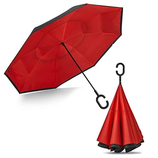 G4Free 62 Inch Large Reverse Umbrella with C-Shaped Handle, Windproof Upside Down Inverted Close Rain Umbrella for Women and Men (Black/Red)