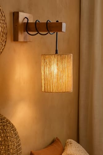 Image of AKWAY Rattan wall Lamps for Living Room | Bamboo wall Lights for Bedroom | Cane wall scones for Home Decoration (Bulb Not Included) (Raffia Hang)