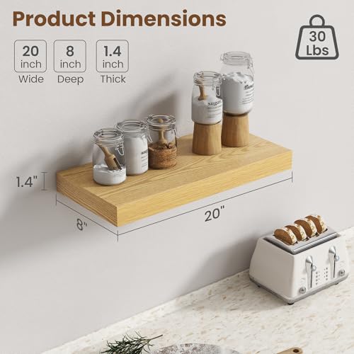 Image of 20 Inch Floating Shelves for Wall, 8 Inch Deep Floating Shelf for Storage & Display, Rustic Wall Mounted Shelf with Invisible Brackets for Living Room, Kitchen, Bathroom, Home Decor, Set of 2, Oak
