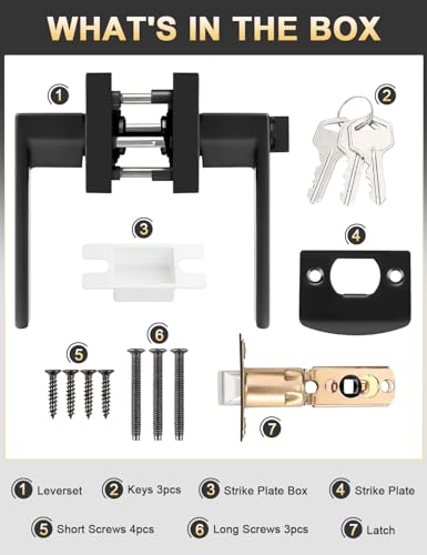 Image of Tinewa Square Entry Door Lever with Lock and Key, Matte Black Entrance Door Handles, for Exterior or Interior Doors,1 Pack (Each with 3 Keys)