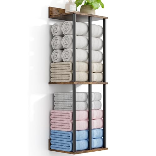 Towel Racks for Bathroom Wall Mounted with Wooden Storage Shelf, Updated 3 Bar Metal Towel Holder for Rolled Towels, Sturdy and Large Capacity, Towel Storage Organizer