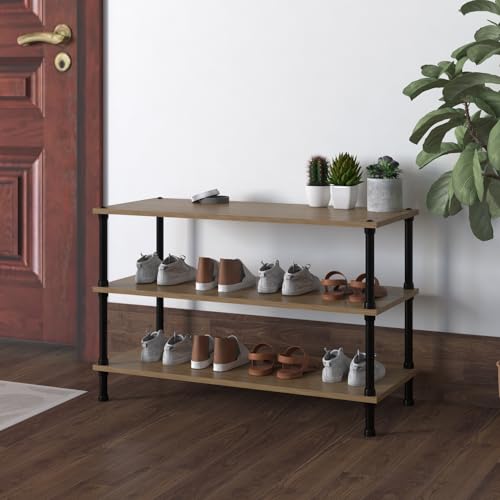 Image of TABLE MAGIC Jazz Shoe Rack Wooden Organizer | 3-Tier Multipurpose Shoes Stand for Home Wooden Shelves with & Steel Frame, Space-Saving Home Organizer, D30 x W60 x H46cm - Golden Teak