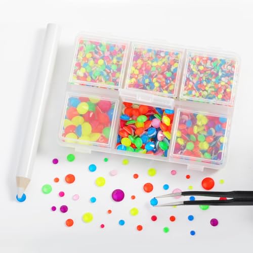 Image of BEADSLAND Hotfix Rhinestones, 4000 PCS Rhinestones for Clothes Crafts Mixed 6 Sizes with Wax Pencil and Tweezers Kit, SS6-SS30, Neon Mix