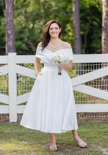 Image of Women's Off Shoulder Wedding Dress for Bride Tea Length A Line Satin Formal Prom Dresses with Pockets