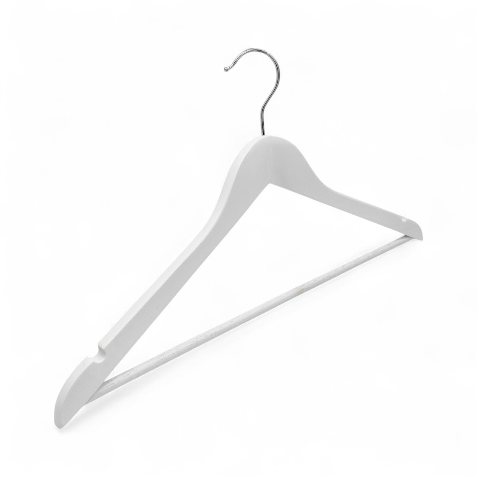 25x White Wooden Clothes Hangers 44.5cm with Bar & Notches | Flat Adult Wardrobe Hangers with 360° Swivel Chrome Hook | Space Saving White Wooden Hangers for Suits, Jackets, Trousers, Skirts & Shirts