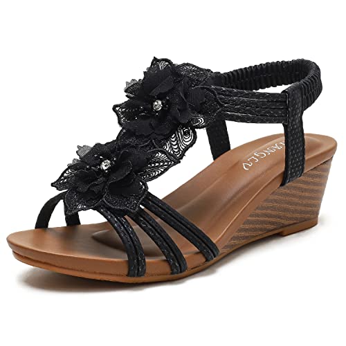 Women's Round Open Toe Ankle Strap Wedge Sandals Slip On Summer Dressy Shoes with Embellishments