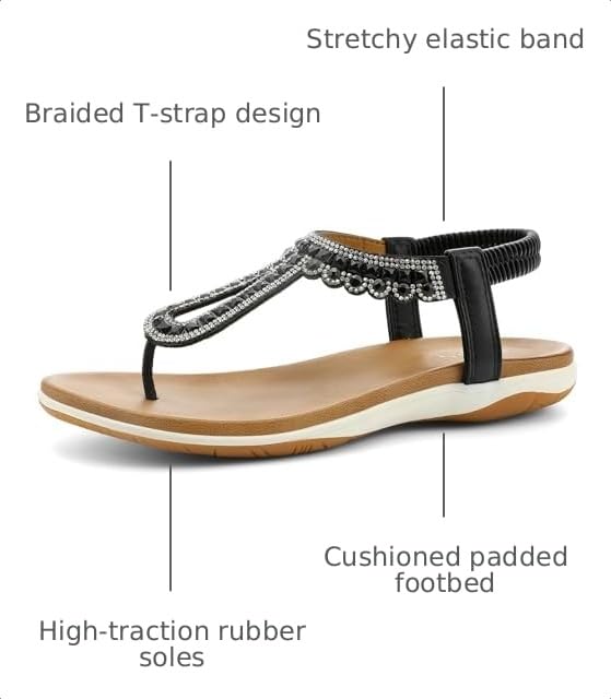 Image of UBFEN Womens Flat Sandals with Arch Support - T-Strap Thong Sandals with Elastic Back Strap, Comfortable for Walking, Bling, Rhinestone, Dressy