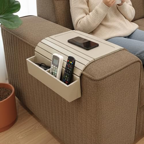 Image of Home Sparkle Flexible Wooden Premium Sofa Armrest Tray | Non-Slip Couch Table with 2 Side Holders | Remote, Phone & Cup Holder Organizer for Snacks, Drinks & Small Items (P4)