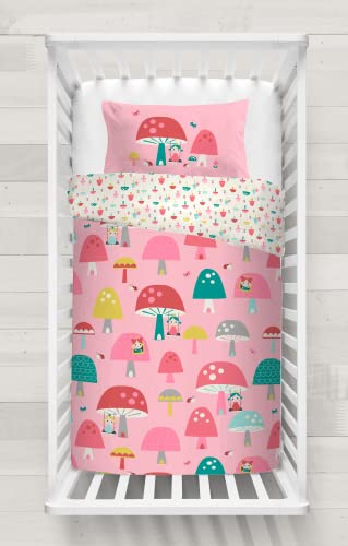 HlpiAMok Cosatto: 100% Cotton Cot Duvet Cover and Pillowcase Set - 90cm x 120cm (Mushroom Magic - Pink)