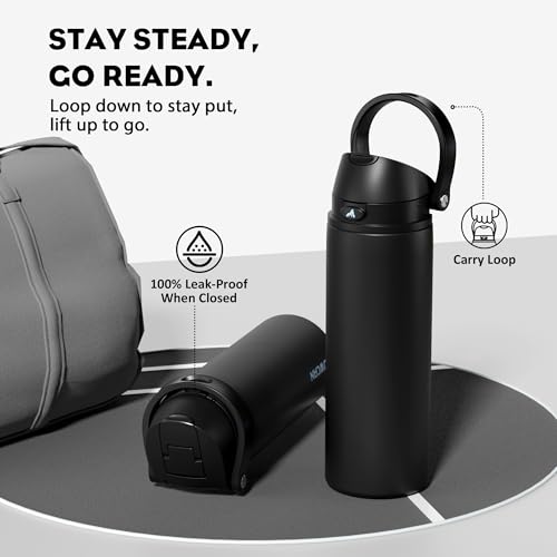 Image of POWCAN 24 oz Insulated Water Bottle: 2-in-1 Push-Button Spout & Quick-Flip Straw, Leakproof, Cold 24Hrs, Fits Car Cup Holder, Stainless Steel Water Bottle for Sports, Travel, School, Gift (Very Black)