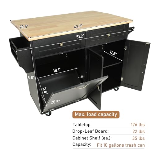 Fingertip WD Rolling Kitchen Island with Drop Leaf - Kitchen Trash Cabinet Tilt Out 10 Gallon Storage, Storage Islands Movable Carts with Rubberwood Top, Spice Rack and Drawers for Dining Room(Black) - Thumbnail 5