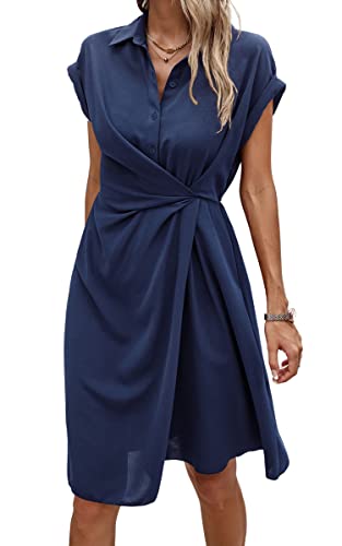 Image of ECOWISH Womens Casual Midi Dresses Solid V Neck Short Sleeve Button Shirt Belted Dress with Pockets for Spring Summer 2026