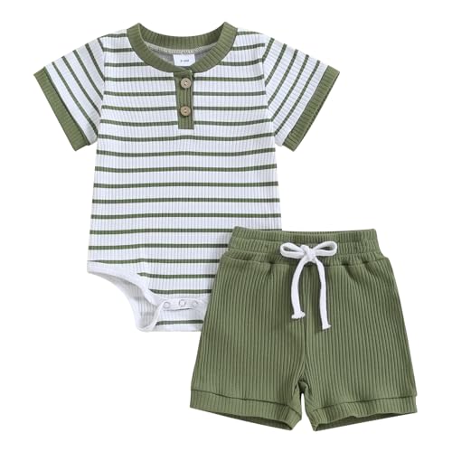 Image of Newborn Baby Boy Girl Clothes 3 6 9 12 18 Months Ribbed Knit Short Sleeve Romper Shorts Set Infant Summer Outfits