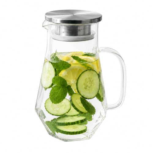 Image of Wringo Premium Glass Water Jug - 1.8 LTR, Transparent, Hot Cold Water Glass Pitcher with Steel Lid Water Jug, Iced Tea, Milk and Juice Beverage Carafe, Golden Lemon Jug 1800ML (WQ-20)